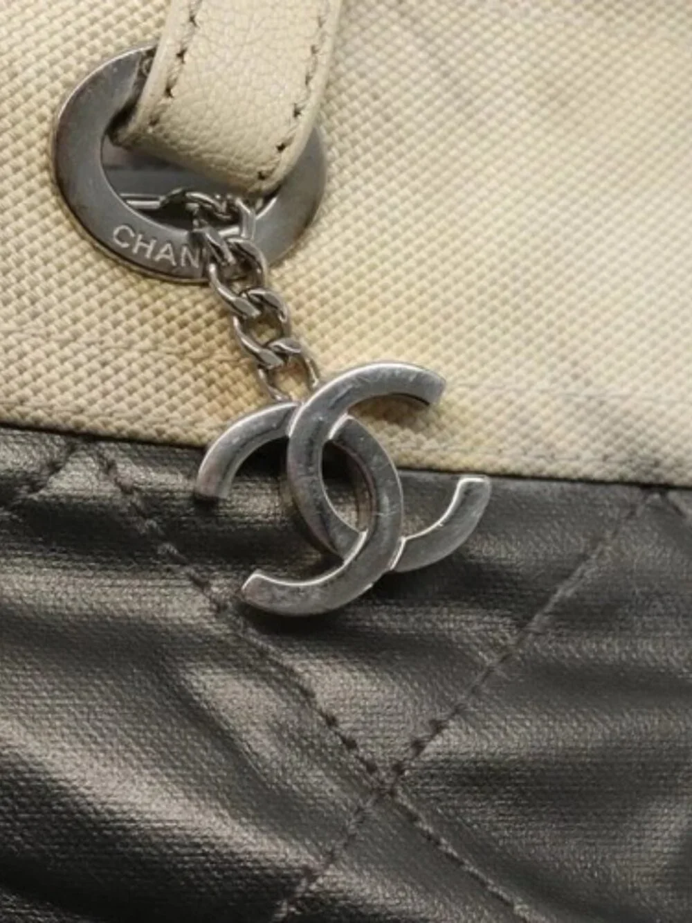 CHANEL Paris Biarritz PM Tote Bag Coated Canvas Silver CC Auth bs23887